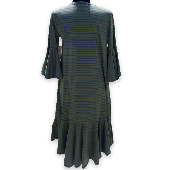 LuLaRoe Womens Dress Size M Maurine Green Blue Striped Swing Bell Sleeves NEW - Picture 3 of 5